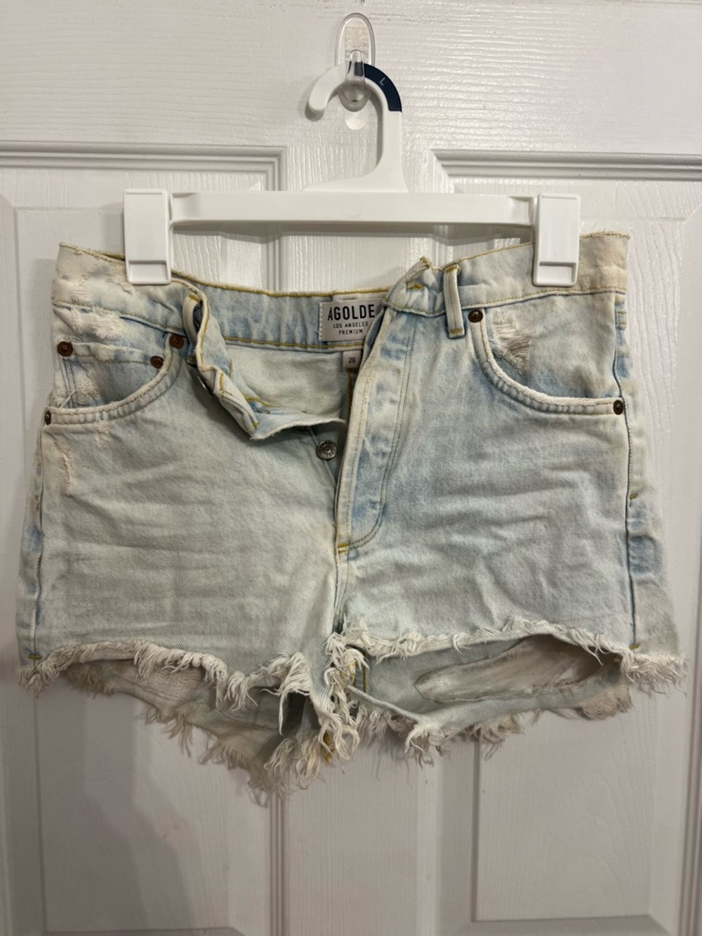 Agolde Pale Blue Frayed Hem Denim Cutoff Shorts